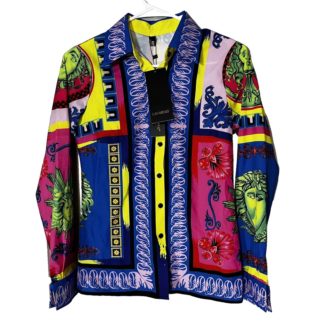 NEW LAI MENG Five Cats Colorful Shirt Art to Wear Modern button up Top NWT sz S
